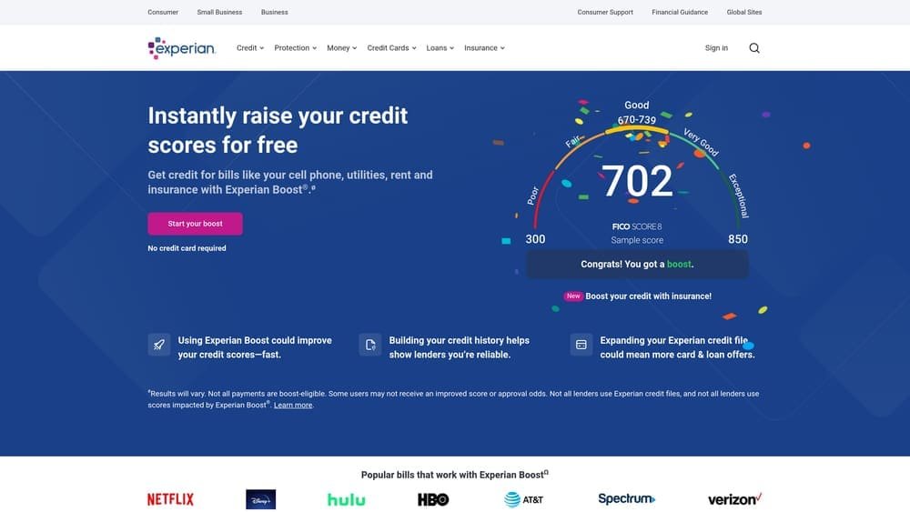 Screenshot of Experian Boost website